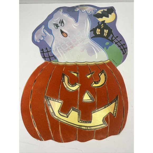 Vintage Halloween Decorations Cardstock Decor Ghost in Pumpkin Two Sided Velvet - Picture 1 of 9